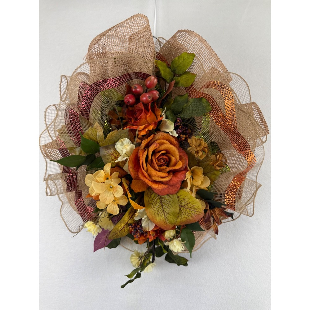 Handmade Fall Floral Wreath Orange Rose Burlap Deco Mesh Autumn Front Door Decor